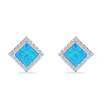 Halo Princess Stud Earrings Lab Created Blue Opal 925 Sterling Silver (14mm)